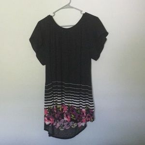 Off the Shoulder Black Floral High-Low Short Sleeve Top with Stripes